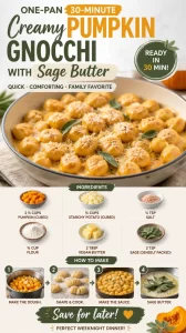 Creamy pumpkin gnocchi with sage butter served in a pan, ready to eat