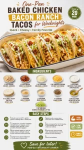 One-pan baked chicken bacon ranch tacos ready to serve for dinner