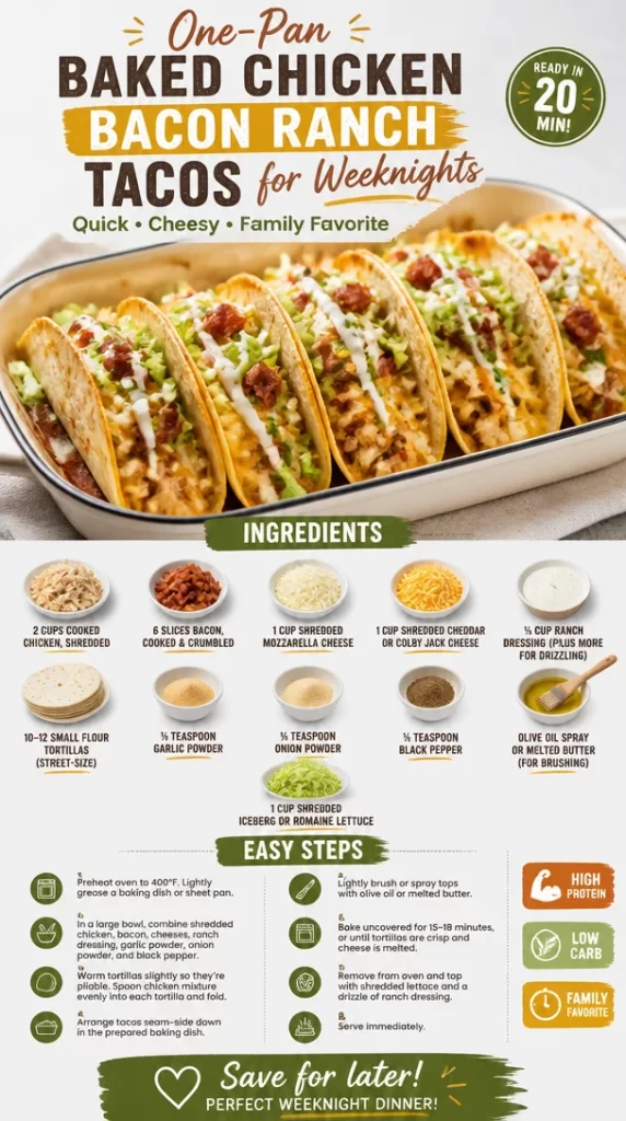 One-pan baked chicken bacon ranch tacos ready to serve for dinner