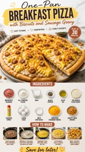 One-Pan Breakfast Pizza topped with biscuits and sausage gravy