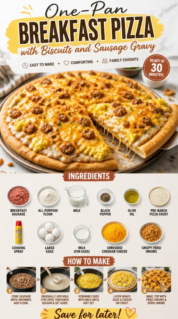 One-Pan Breakfast Pizza topped with biscuits and sausage gravy
