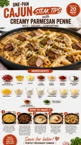 One-pan Cajun Steak Tips with creamy Parmesan penne for a delicious dinner