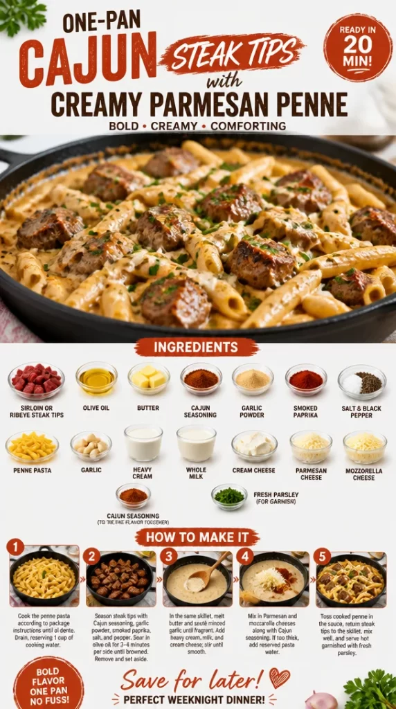 One-pan Cajun Steak Tips with creamy Parmesan penne for a delicious dinner