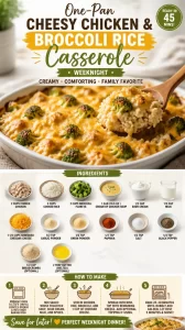 One-pan cheesy chicken and broccoli rice casserole for weeknight dinner