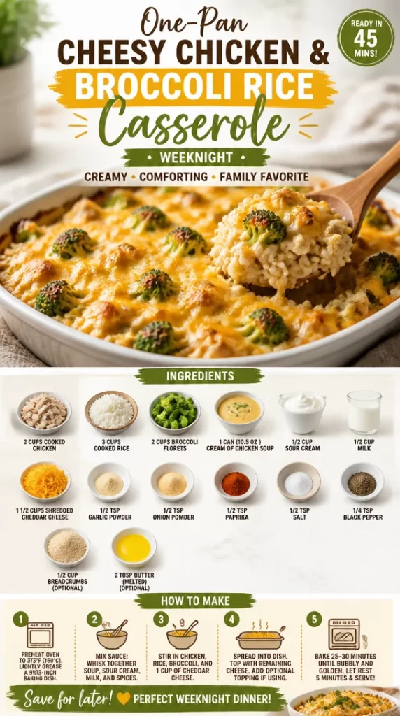 One-pan cheesy chicken and broccoli rice casserole for weeknight dinner