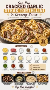 One-Pan Cracked Garlic Steak Tortellini in Creamy Sauce served in a bowl