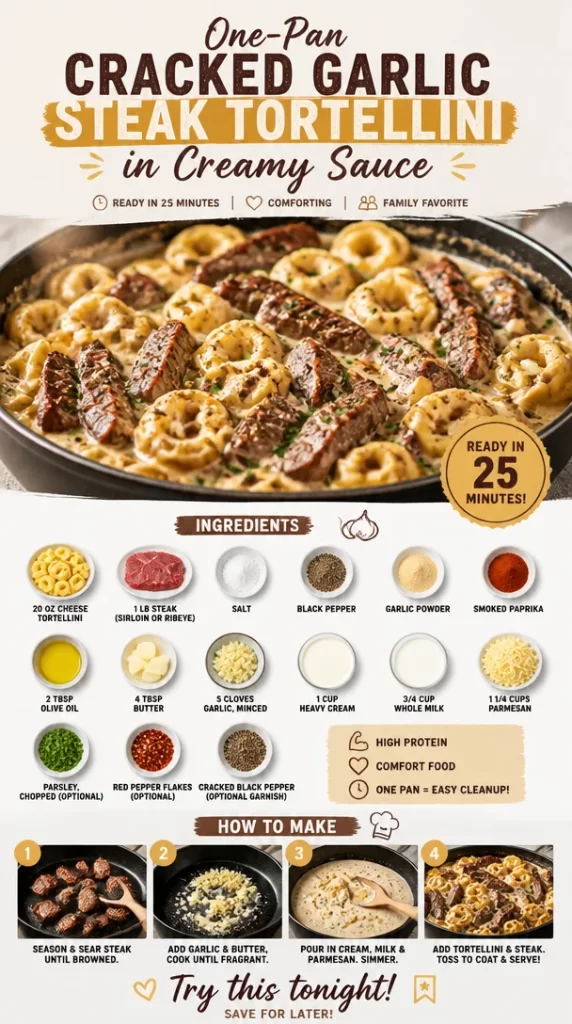 One-Pan Cracked Garlic Steak Tortellini in Creamy Sauce served in a bowl