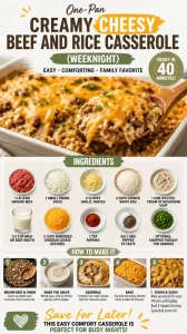 One-Pan Creamy Cheesy Beef and Rice Casserole cooked in a skillet
