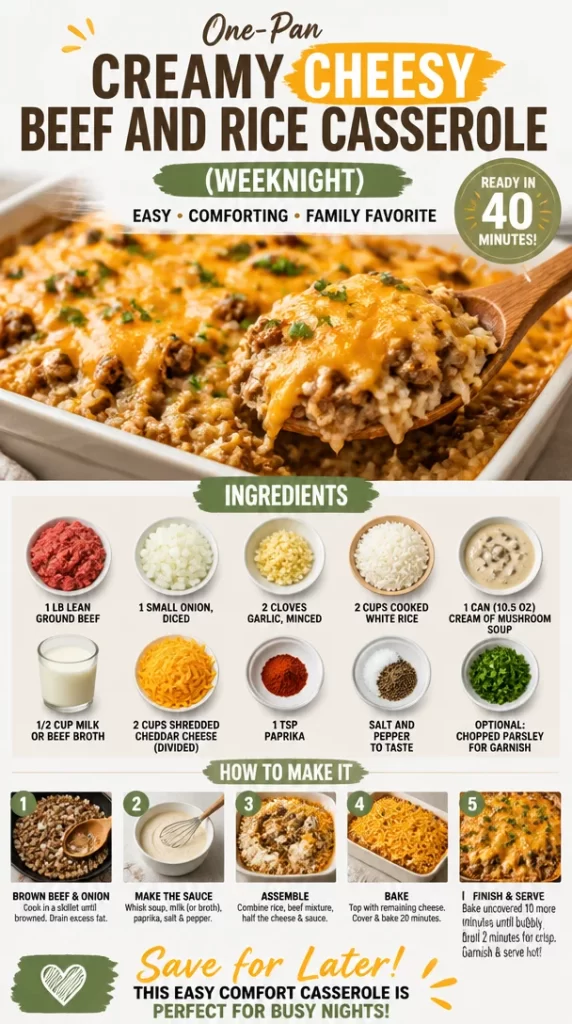 One-Pan Creamy Cheesy Beef and Rice Casserole cooked in a skillet