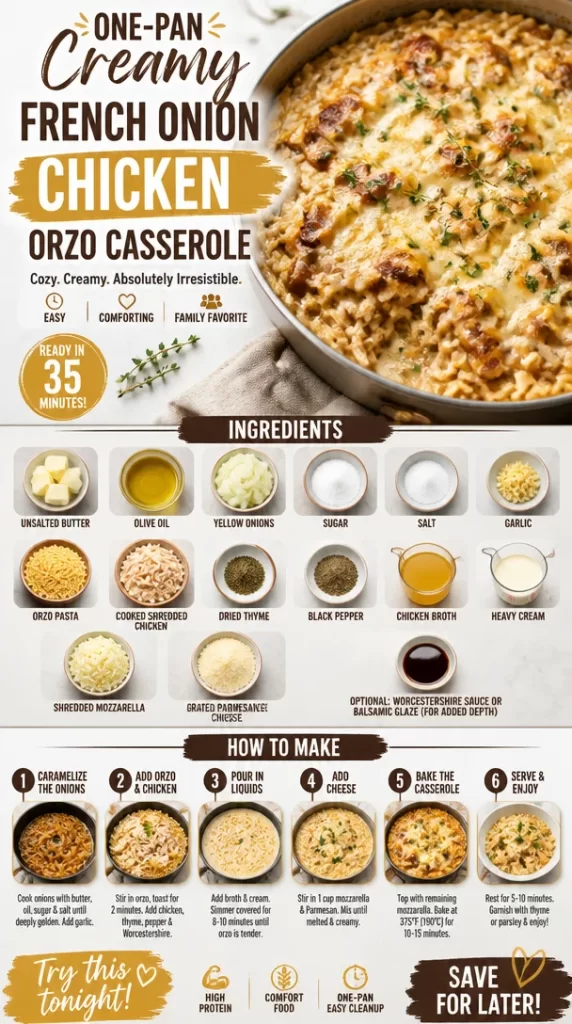 One-Pan Creamy French Onion Chicken Orzo Casserole prepared in a dish