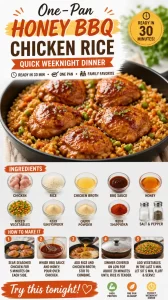 Delicious one-pan honey BBQ chicken over rice served on a plate