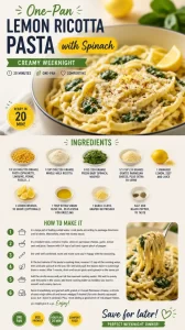 Creamy one-pan lemon ricotta pasta with spinach served in a bowl