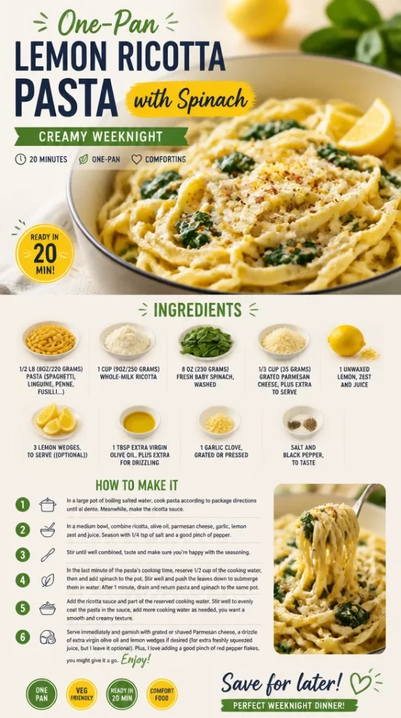 Creamy one-pan lemon ricotta pasta with spinach served in a bowl