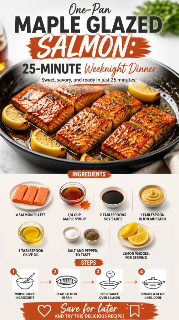 One-Pan Maple Glazed Salmon served with vegetables on a dinner plate