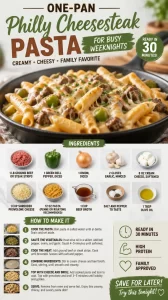 One-Pan Philly Cheesesteak Pasta dish served in a bowl with toppings
