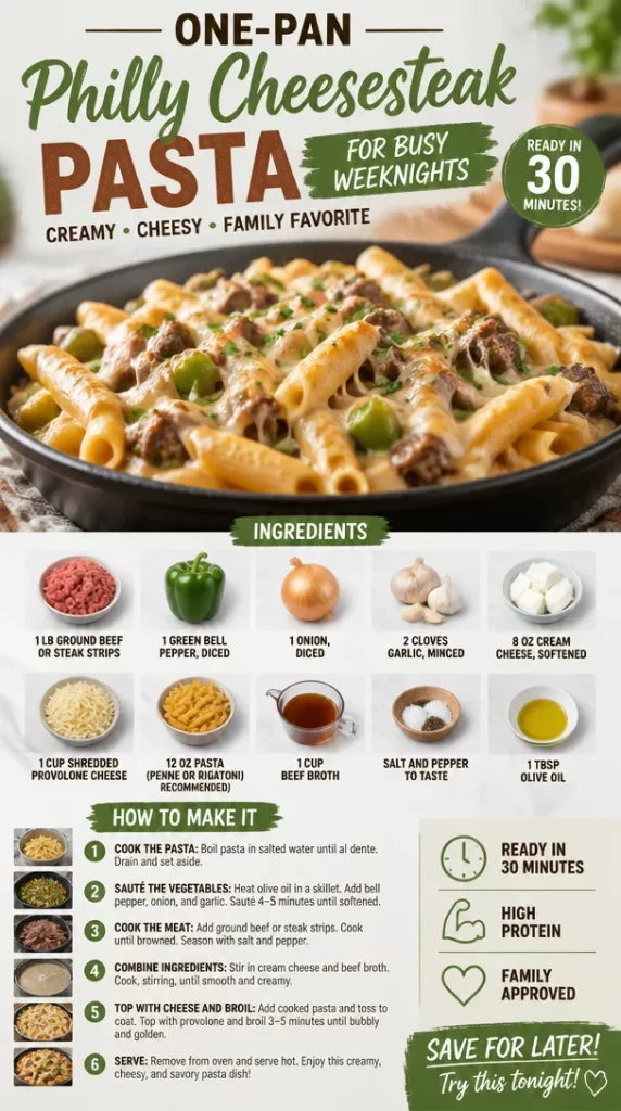 One-Pan Philly Cheesesteak Pasta dish served in a bowl with toppings