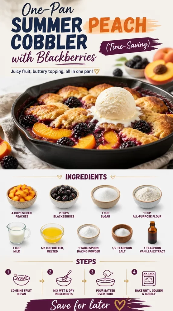 One-Pan Summer Peach Cobbler with Blackberries fresh out of the oven