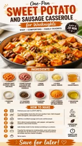 One-pan sweet potato casserole with sausage ready to serve for dinner