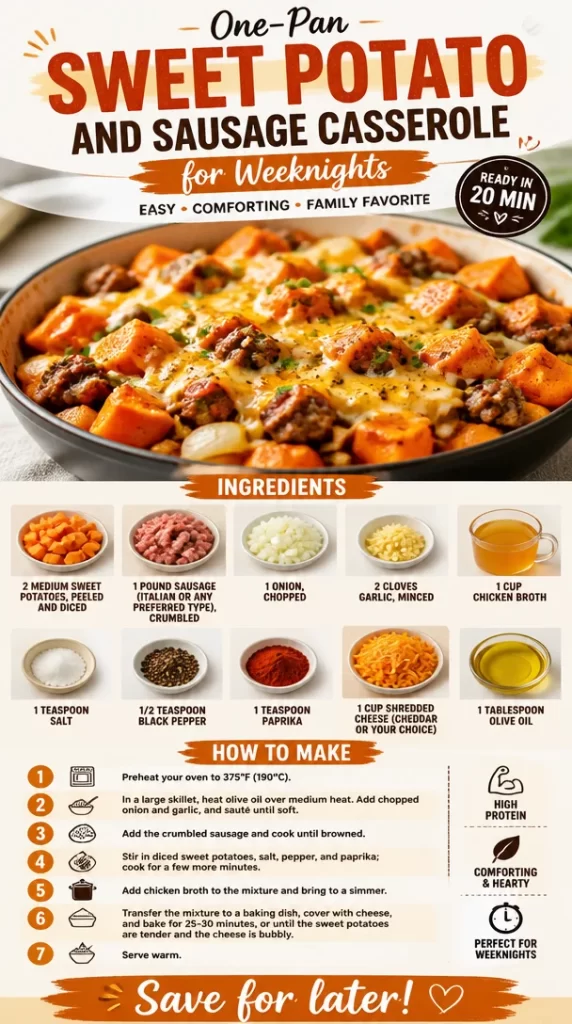 One-pan sweet potato casserole with sausage ready to serve for dinner