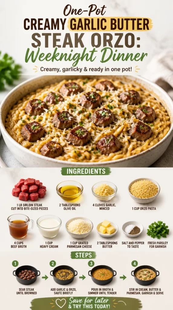 Creamy garlic butter steak orzo dish served in a bowl