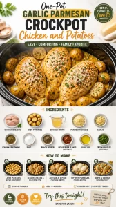One-Pot Garlic Parmesan Crockpot Chicken with Potatoes served in a bowl
