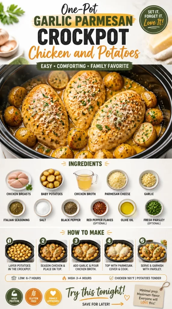 One-Pot Garlic Parmesan Crockpot Chicken with Potatoes served in a bowl