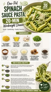 One-pot spinach sauce pasta dish ready for dinner