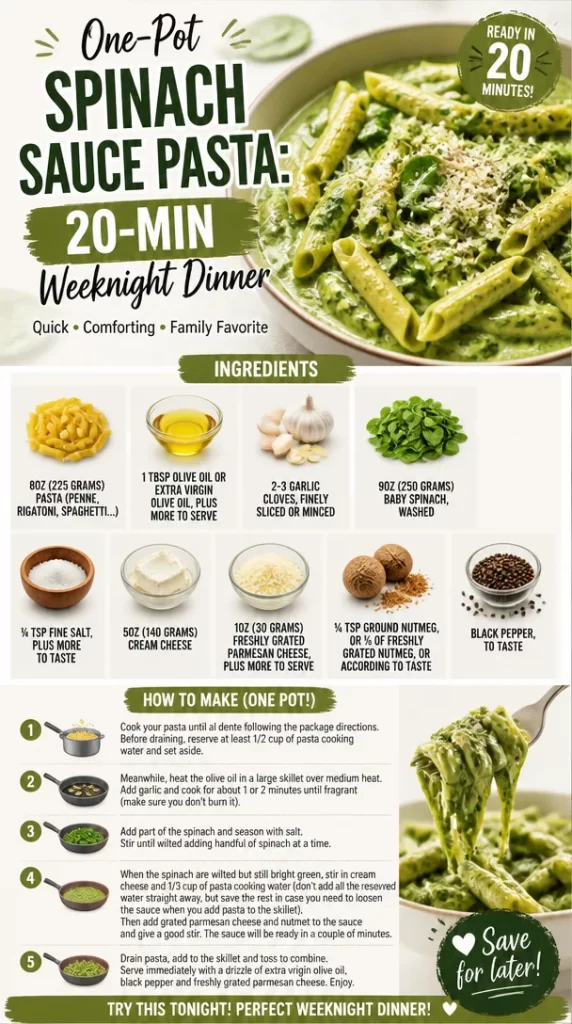 One-pot spinach sauce pasta dish ready for dinner