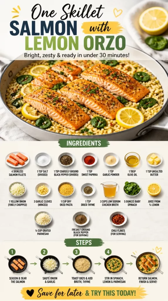 One skillet salmon with lemon orzo cooking in a pan