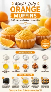 Freshly baked orange muffins on a wooden table
