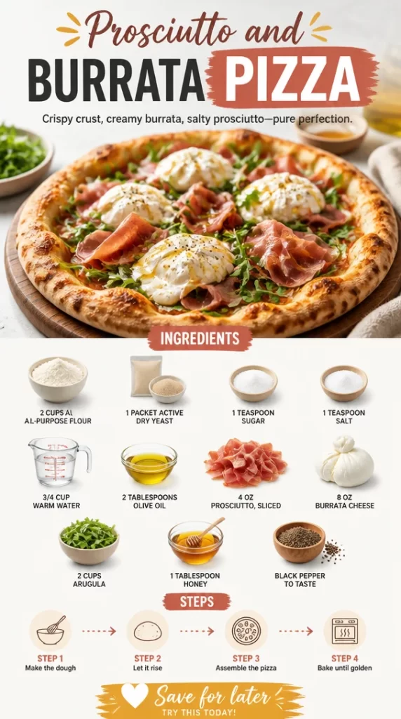 Prosciutto and Burrata Pizza topped with fresh ingredients and herbs