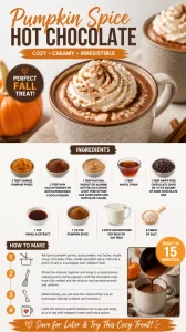 Delicious mug of pumpkin spice hot chocolate topped with whipped cream and cinnamon