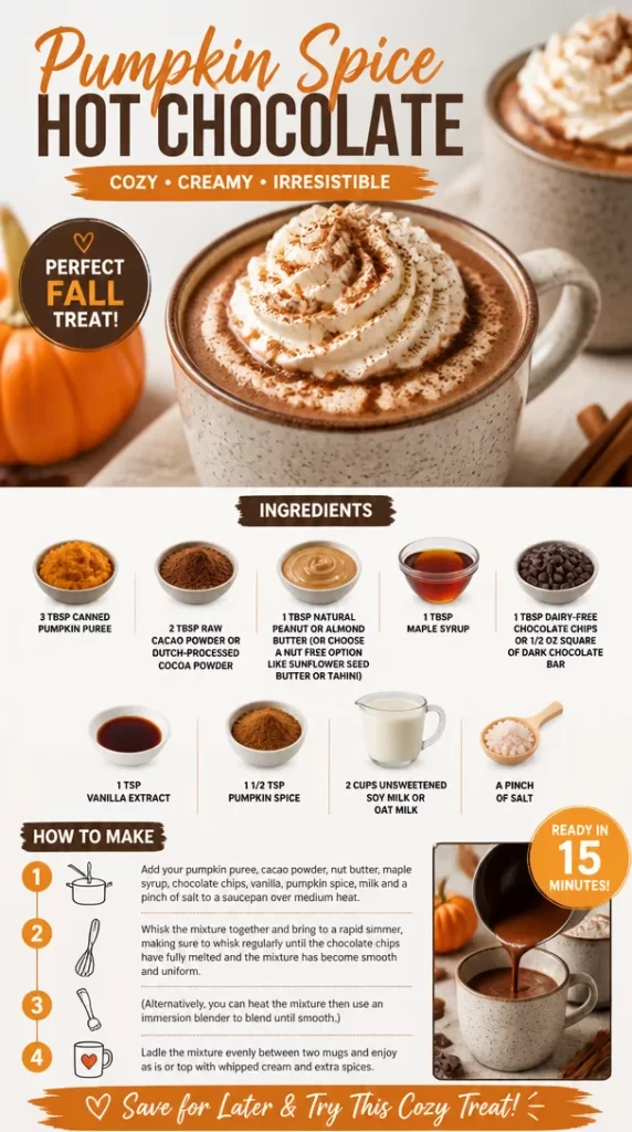 Delicious mug of pumpkin spice hot chocolate topped with whipped cream and cinnamon