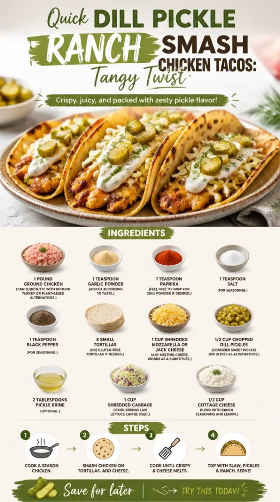 Quick Dill Pickle Ranch Smash Chicken Tacos with tangy flavors