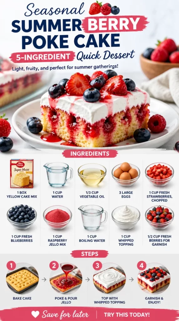 Delicious Seasonal Summer Berry Poke Cake topped with fresh berries and whipped cream
