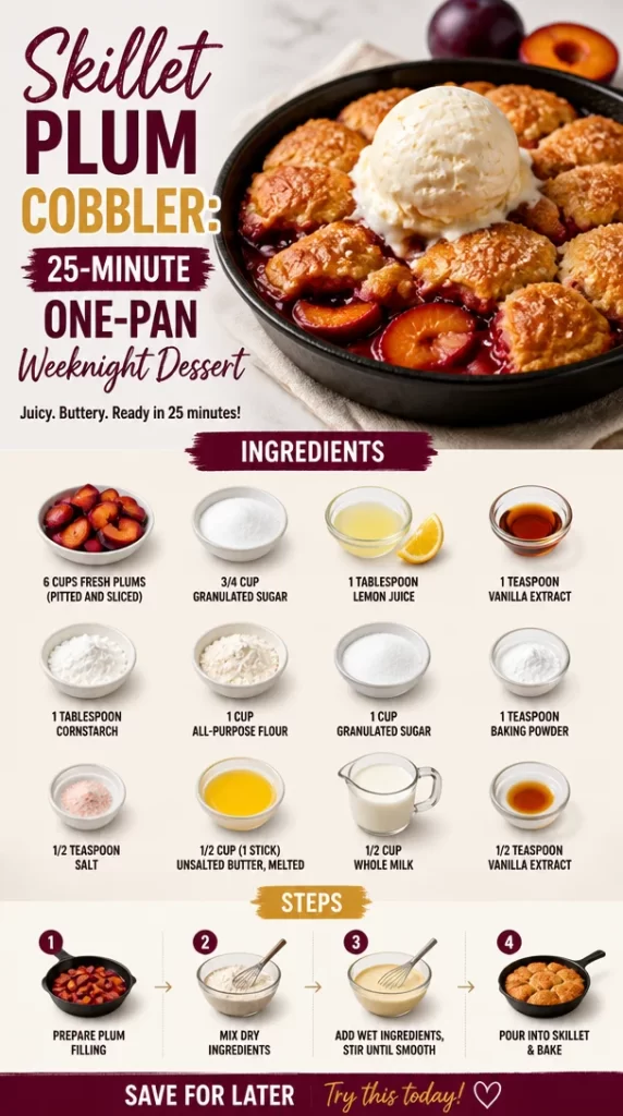 Skillet plum cobbler cooked in one pan, perfect for a quick weeknight dessert.