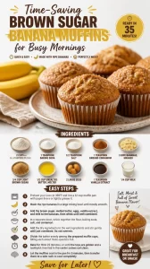 Freshly baked brown sugar banana muffins on a rustic kitchen table