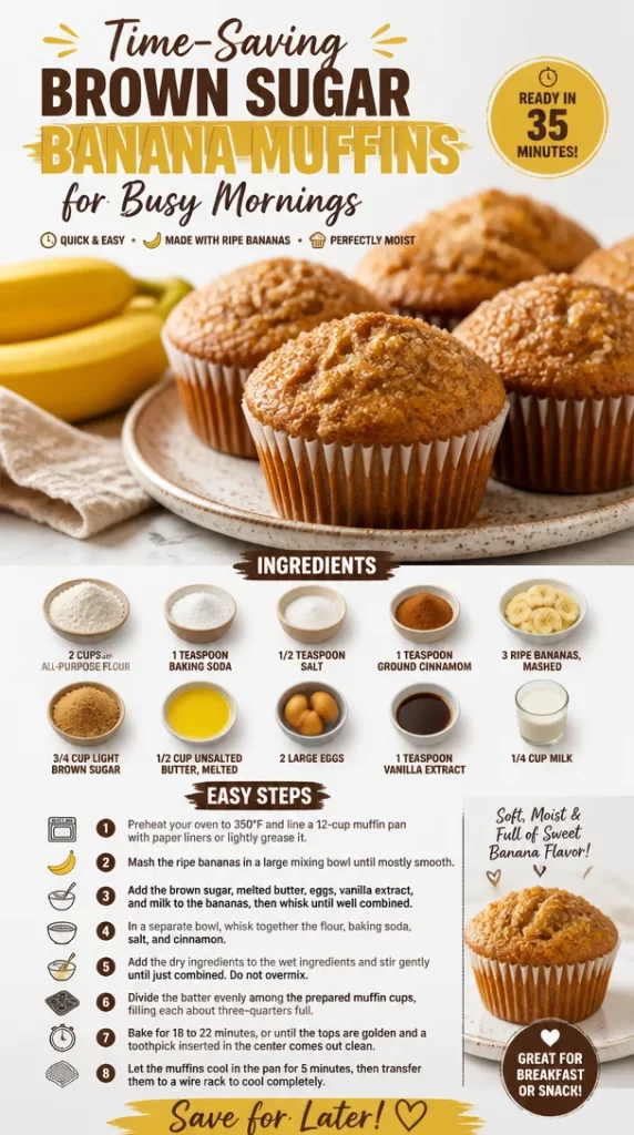 Freshly baked brown sugar banana muffins on a rustic kitchen table