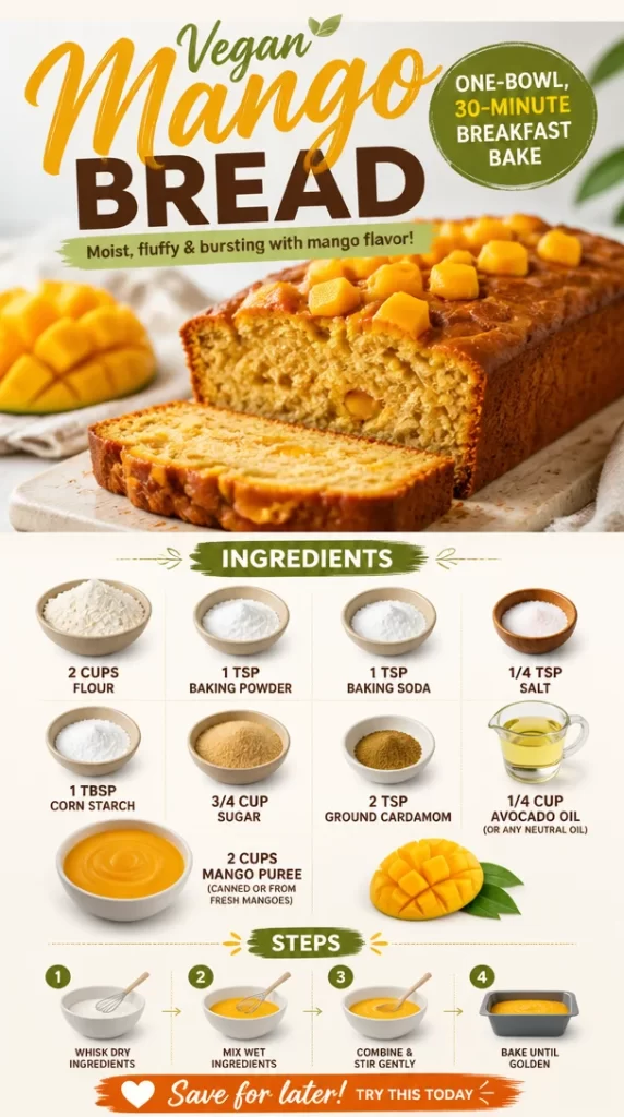 Vegan Mango Bread fresh out of the oven, perfect for a quick breakfast.