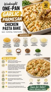 One-pan garlic parmesan chicken pasta bake with a golden crust and fresh herbs