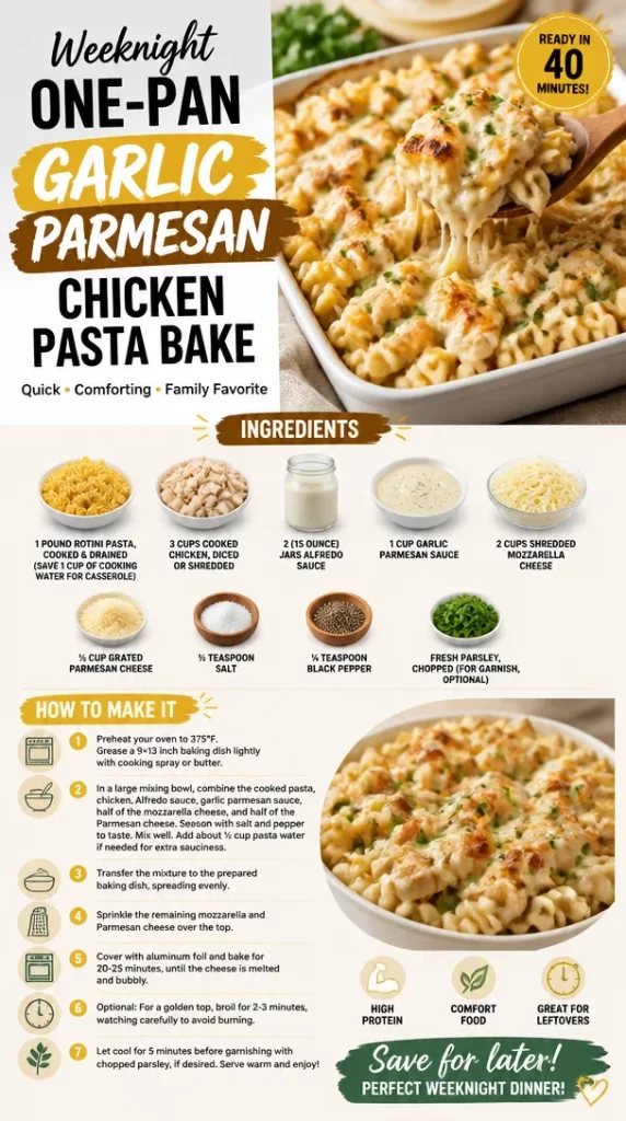 One-pan garlic parmesan chicken pasta bake with a golden crust and fresh herbs