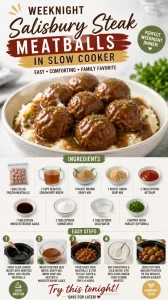Slow cooker Salisbury steak meatballs served on a plate with gravy.