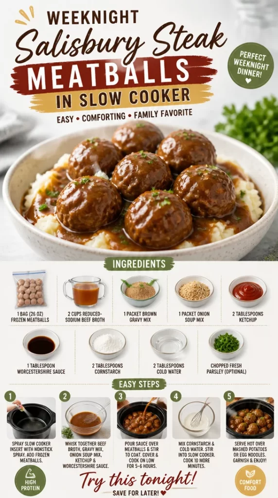 Slow cooker Salisbury steak meatballs served on a plate with gravy.