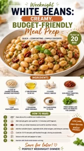 Creamy weeknight white beans served in a bowl, perfect for budget meal prep.