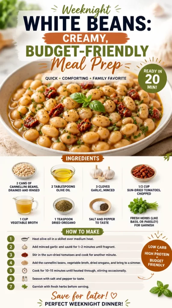 Creamy weeknight white beans served in a bowl, perfect for budget meal prep.