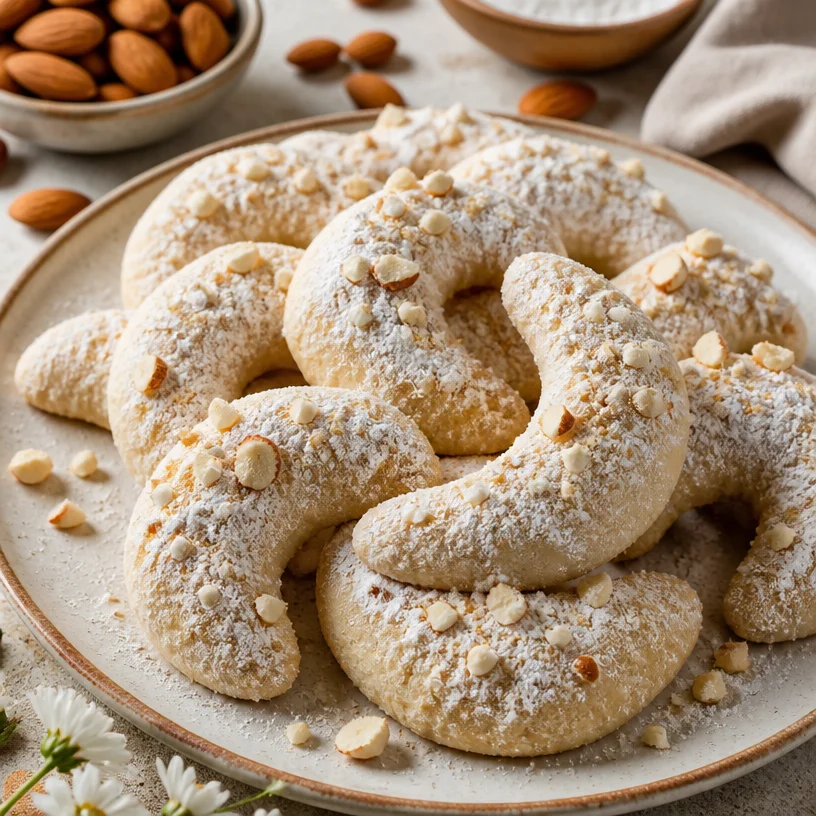 Plate of delicious Almond Crescent Cookies ready for tea time