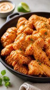 Bang Bang Chicken with crispy chicken in spicy peanut sauce skillet