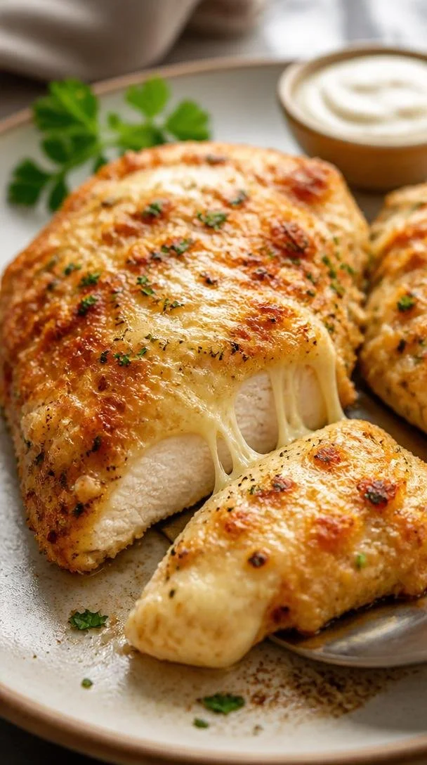 Delicious Parmesan Crusted Chicken garnished with herbs on a plate