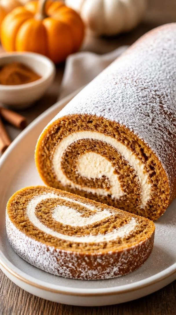Homemade pumpkin roll dessert with cream cheese filling, perfect for autumn baking.