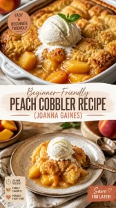 Delicious peach cobbler dessert made from Joanna Gaines' beginner-friendly recipe.